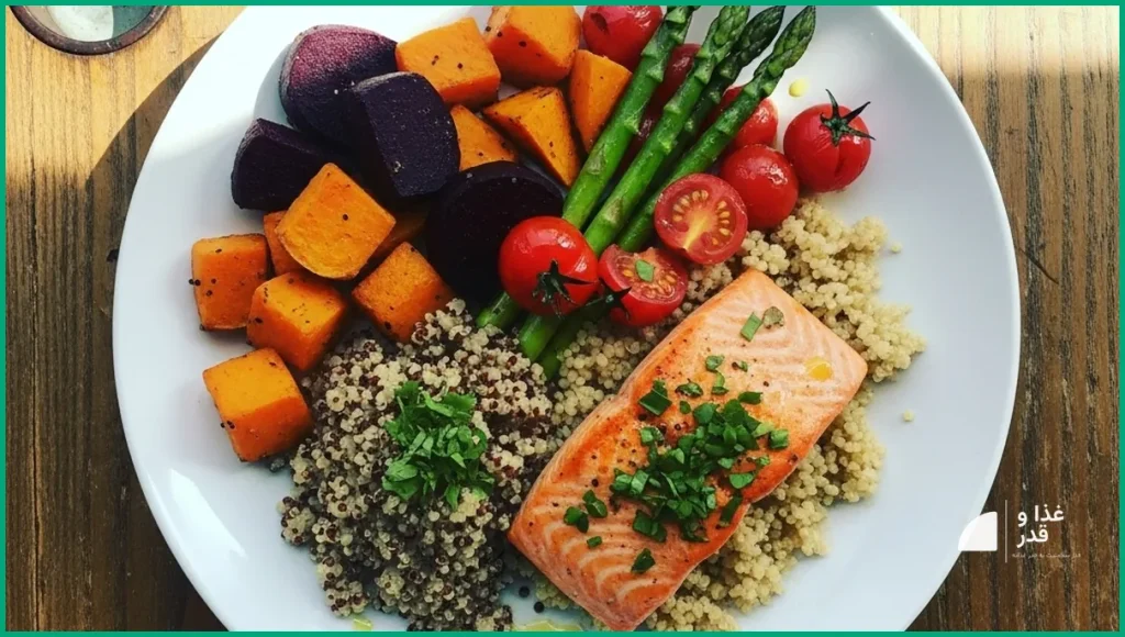 بشقاب غذایی متعادل با سبزیجات و پروتئین