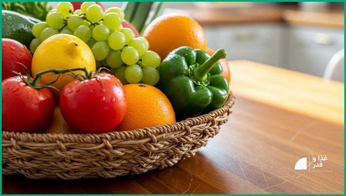 سبد میوه و سبزی تازه روی میز