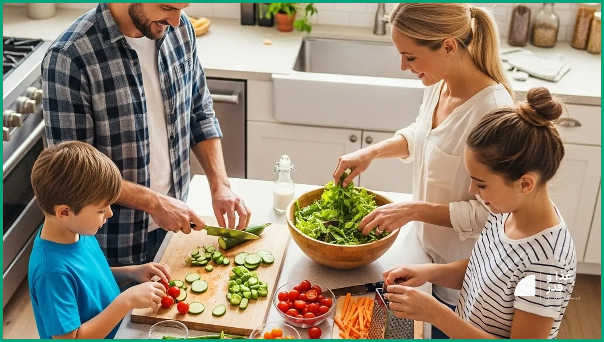 خانواده‌ای در حال آماده‌سازی سالاد در آشپزخانه