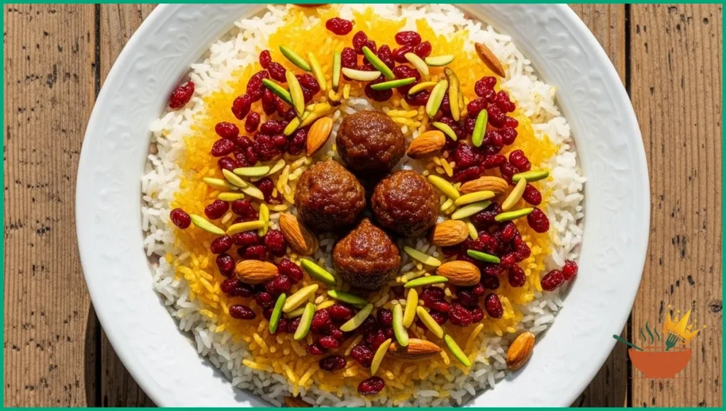 پلو ایرانی با گوشت قلقلی و زعفران
