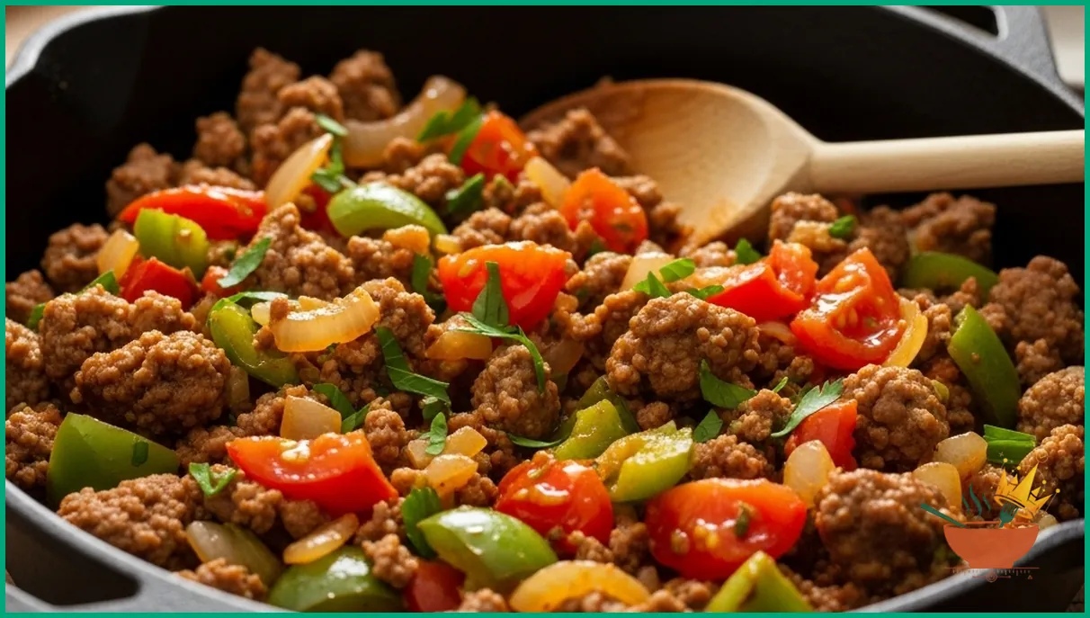 خوراک گوشت چرخ کرده با گوجه و سبزیجات