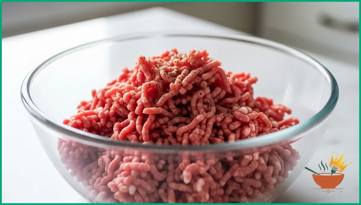 گوشت چرخ کرده تازه در ظرف شیشه‌ای آشپزخانه