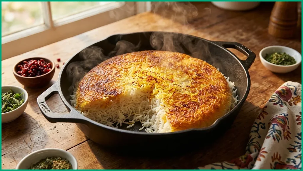 برنج ایرانی دم کشیده با ته دیگ طلایی