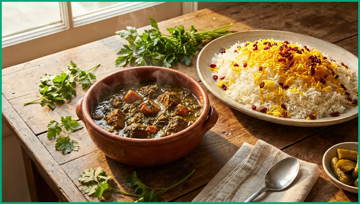 خورش قورمه سبزی جا افتاده کنار دیس برنج