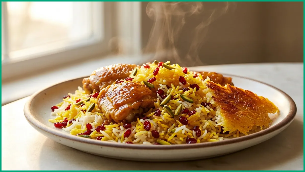 زرشک پلو با مرغ و ته دیگ طلایی