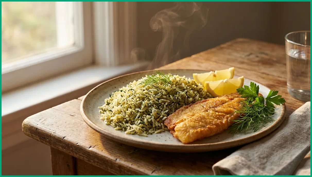 سبزی پلو با ماهی سرخ شده و لیمو