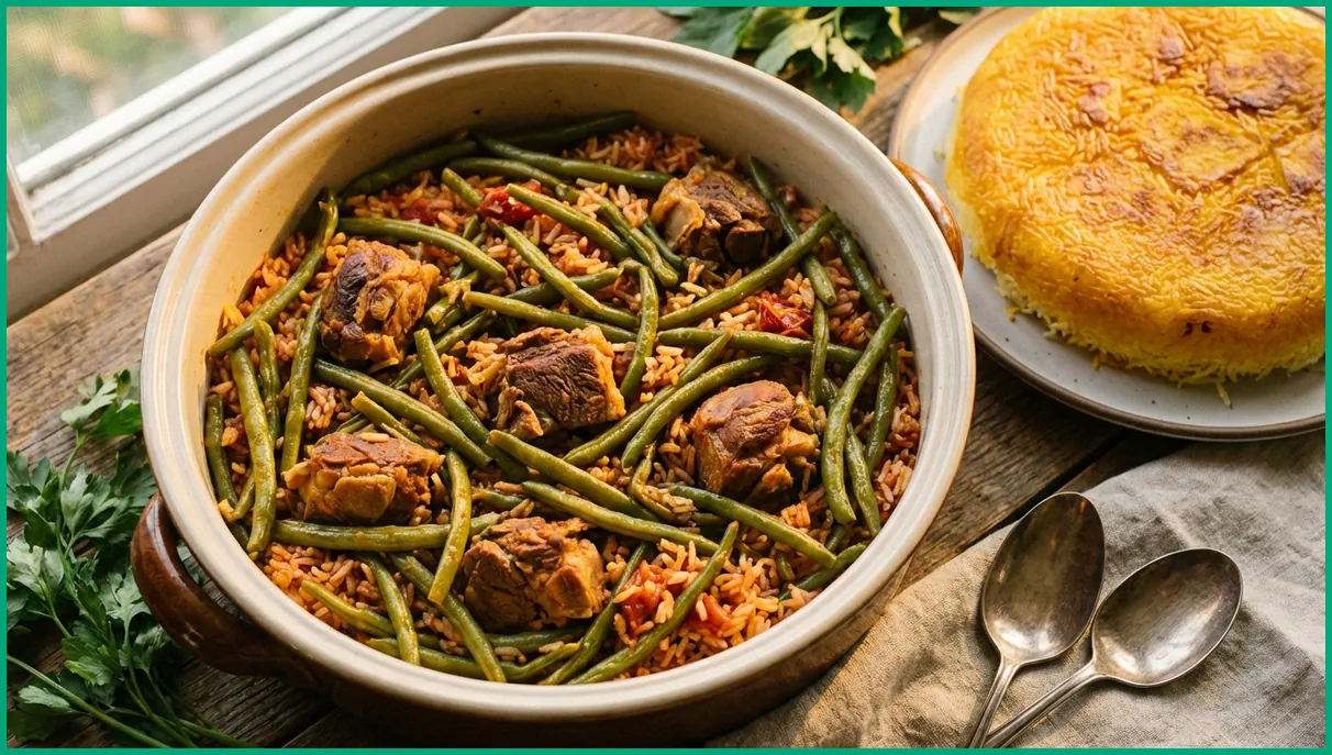 لوبیا پلو ایرانی در قابلمه با ته دیگ