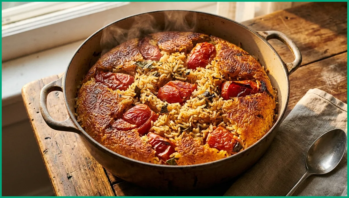 دمی گوجه ایرانی در قابلمه روی میز چوبی