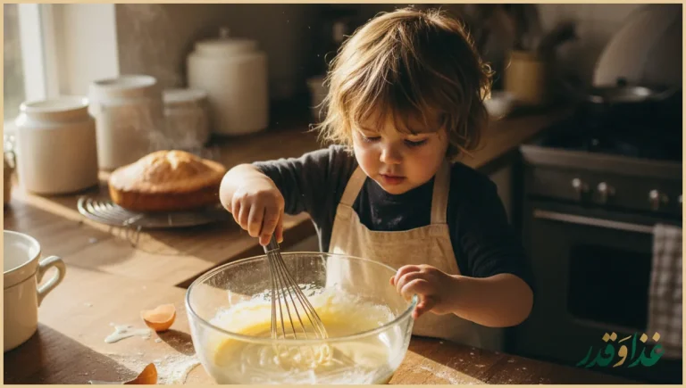 کودک در حال هم زدن مایه کیک ساده در کاسه