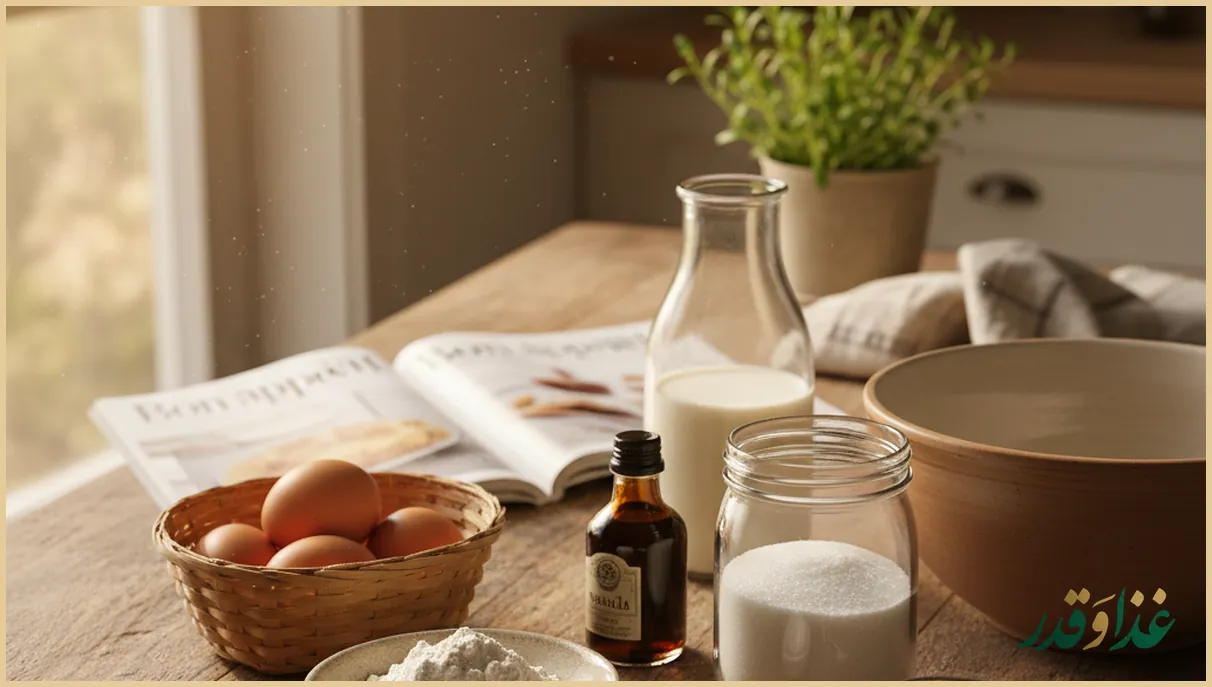 مواد اولیه کیک ساده روی میز چوبی چیده شده