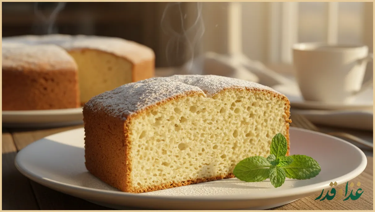 برش‌های کیک ساده وانیلی روی بشقاب با تزیین پودر قند