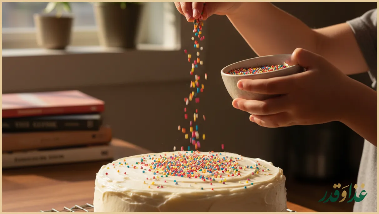 کودک در حال پاشیدن ترافل رنگی روی کیک ساده