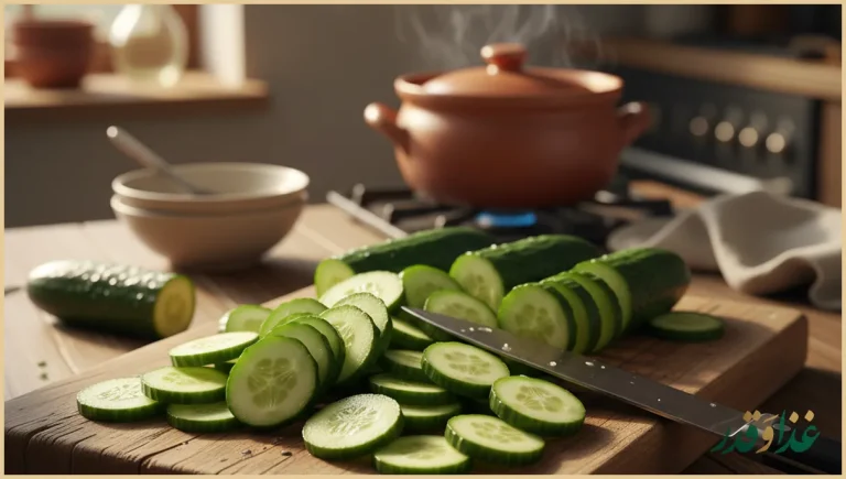 بشقاب خیار تازه خرد شده روی میز چوبی