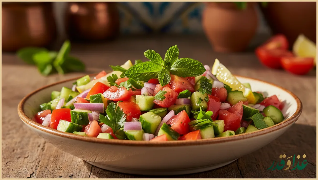 کاسه سالاد شیرازی با خیار و گوجه روی میز