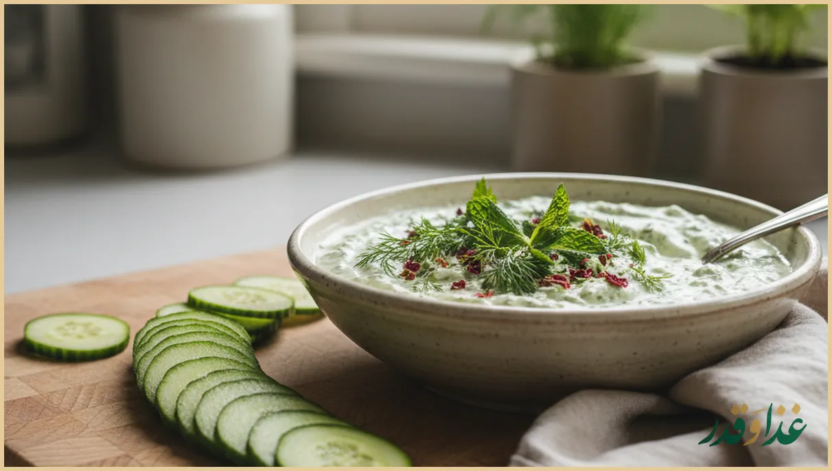 برش‌های خیار روی تخته و کاسه ماست و خیار