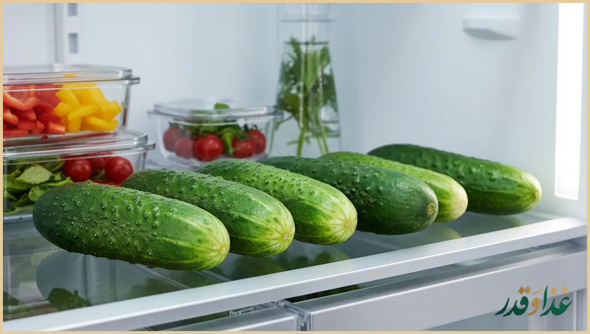 خیارهای تازه در یخچال روی طبقه شیشه‌ای