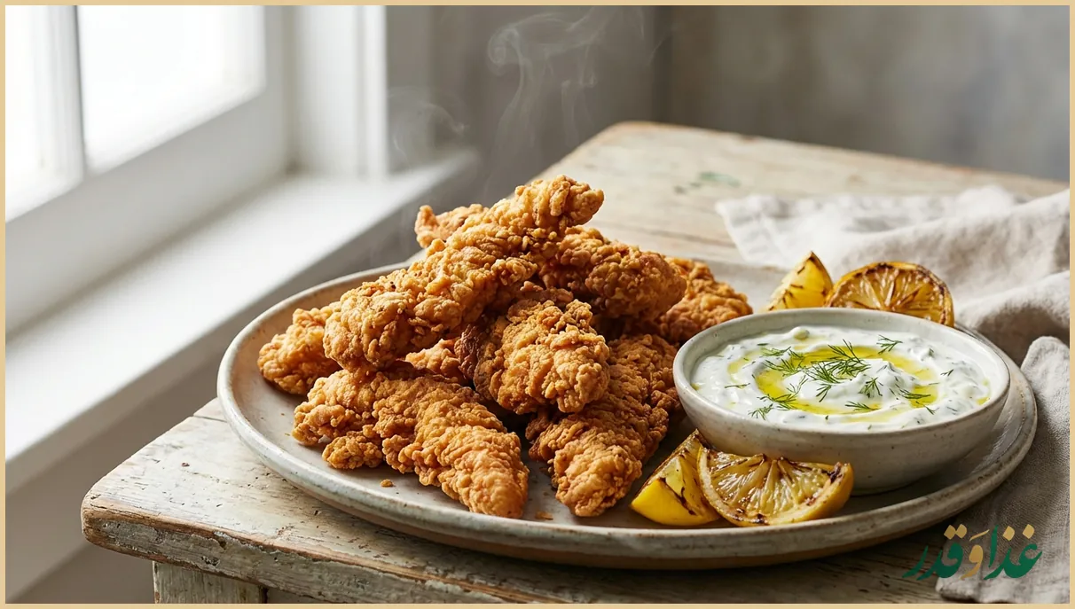 چیکن استریپس سوخاری با سس ماست سیر