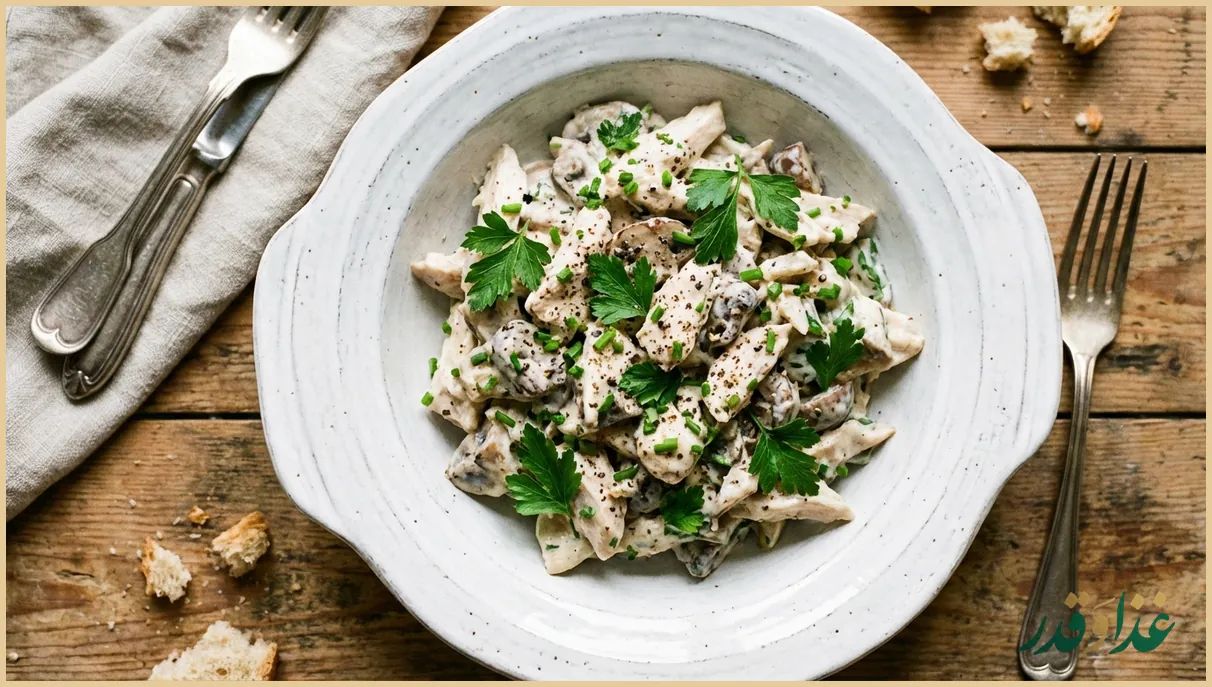 کاسه سالاد مرغ و قارچ با سس خامهای