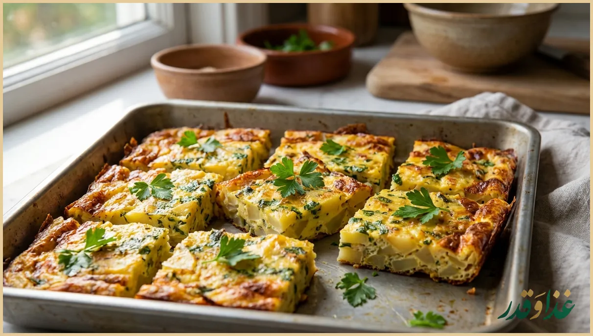 برشهای کوکو سیبزمینی طلایی در سینی فر