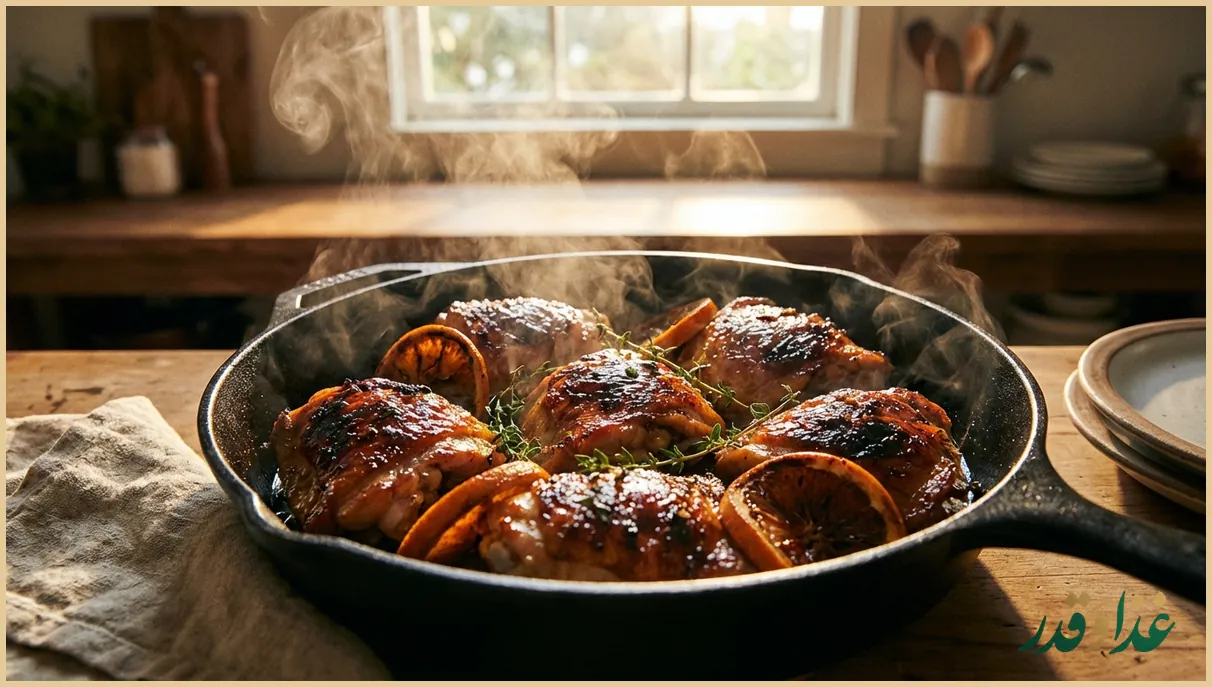 مرغ پرتقالی کاراملی در تابه با برش پرتقال