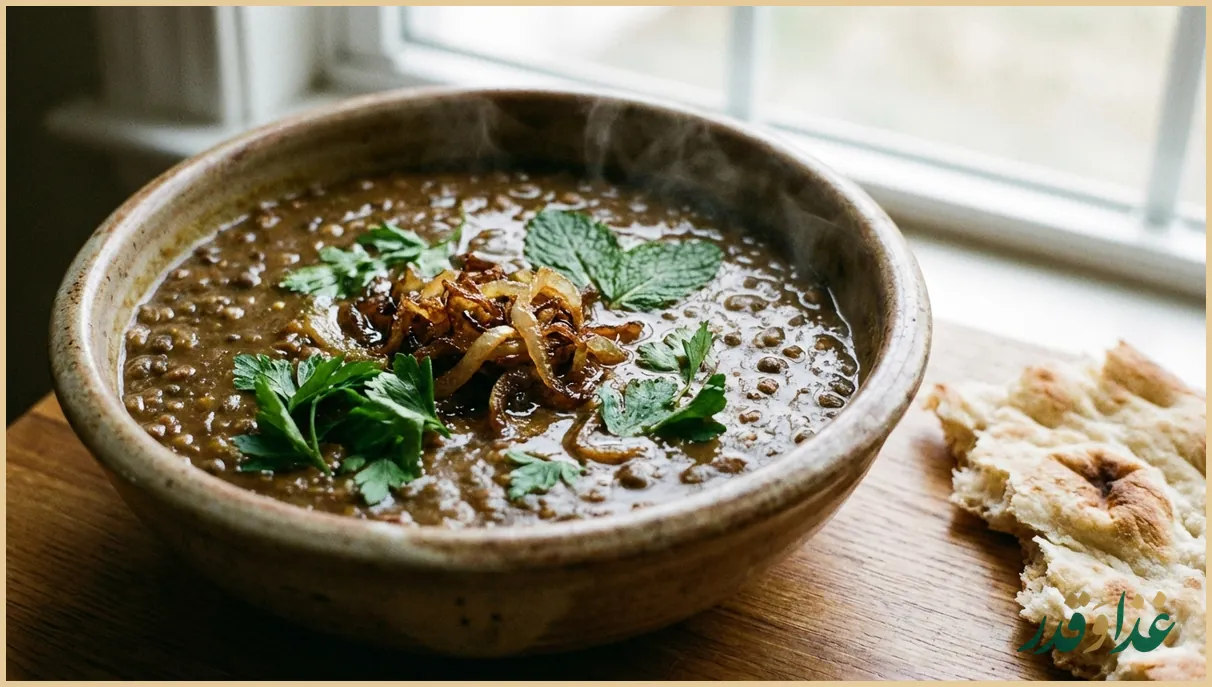 کاسه عدسی غلیظ با نان سنگک