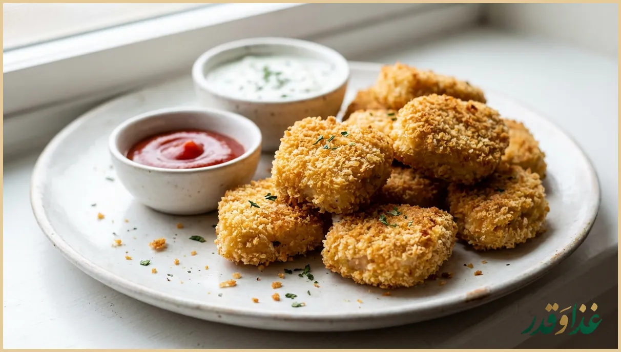 ناگت مرغ خانگی سوخاری در بشقاب سرو