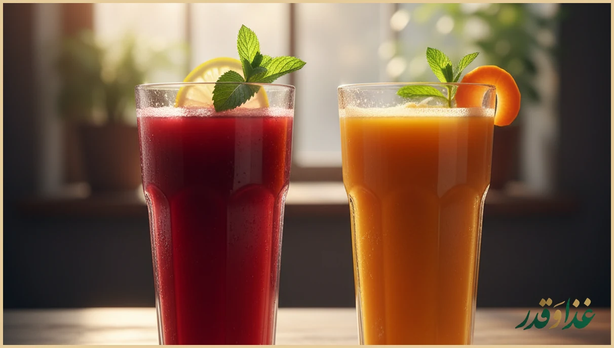 لیوان آب انار و آب هویج تازه