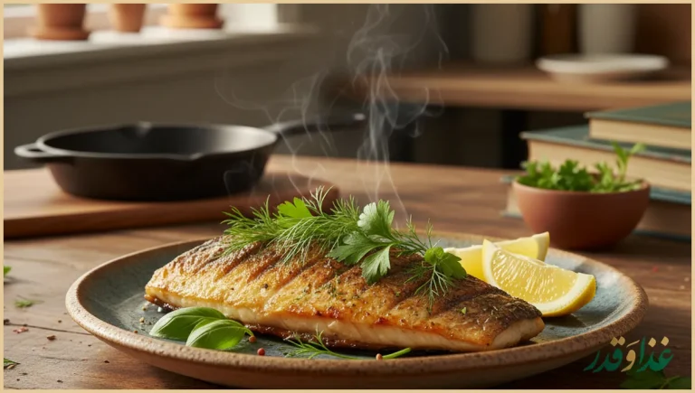 بشقاب ماهی گریل شده با سبزی تازه