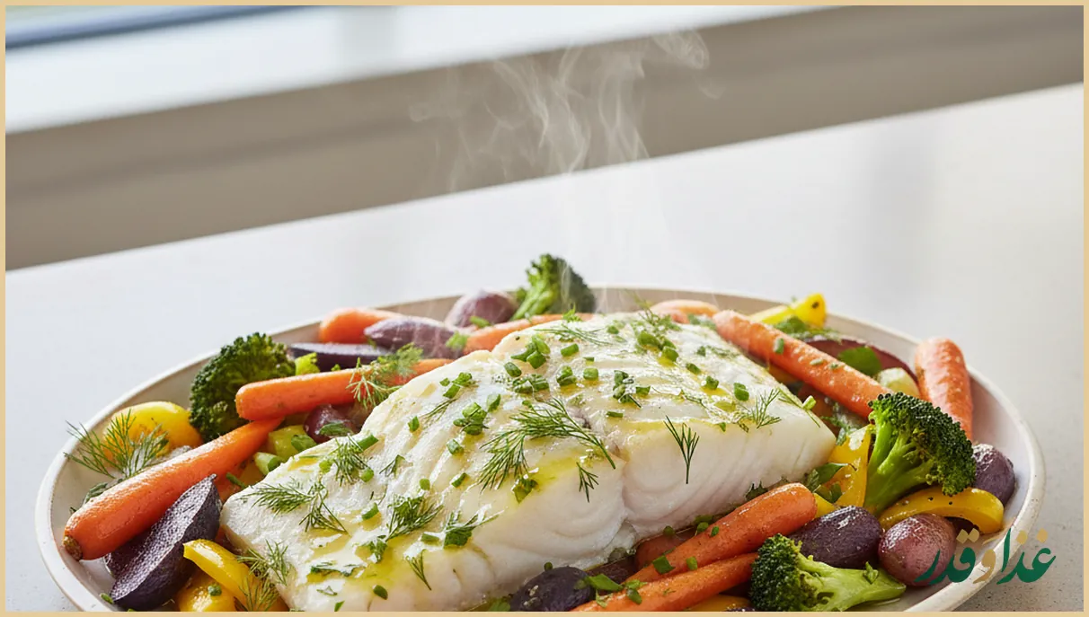 فیله ماهی بخارپز با سبزیجات رنگارنگ