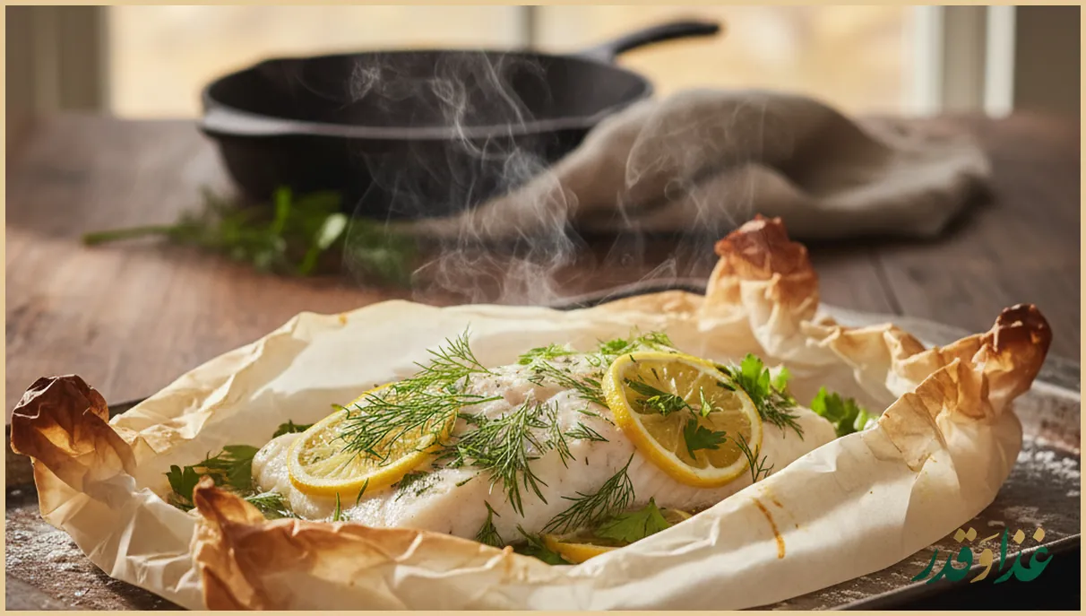 ماهی پیچیده در کاغذ روغنی در فر
