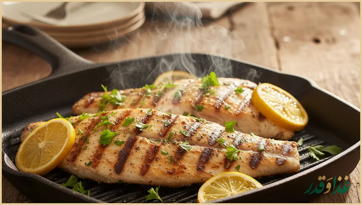 ماهی گریل با لیمو و سیر روی تابه چدنی