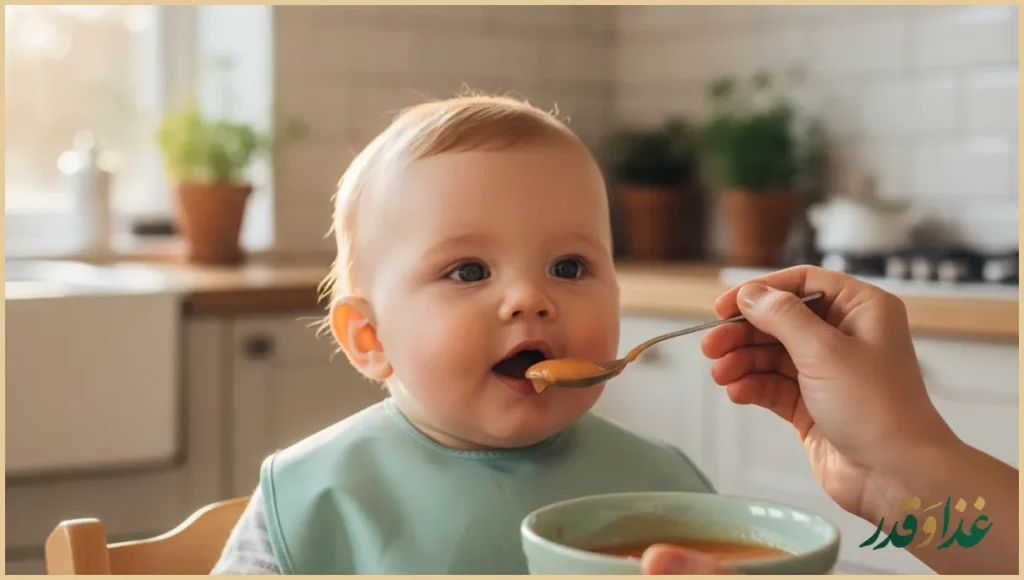 کودک شش ماهه روی صندلی غذا در حال خوردن پوره