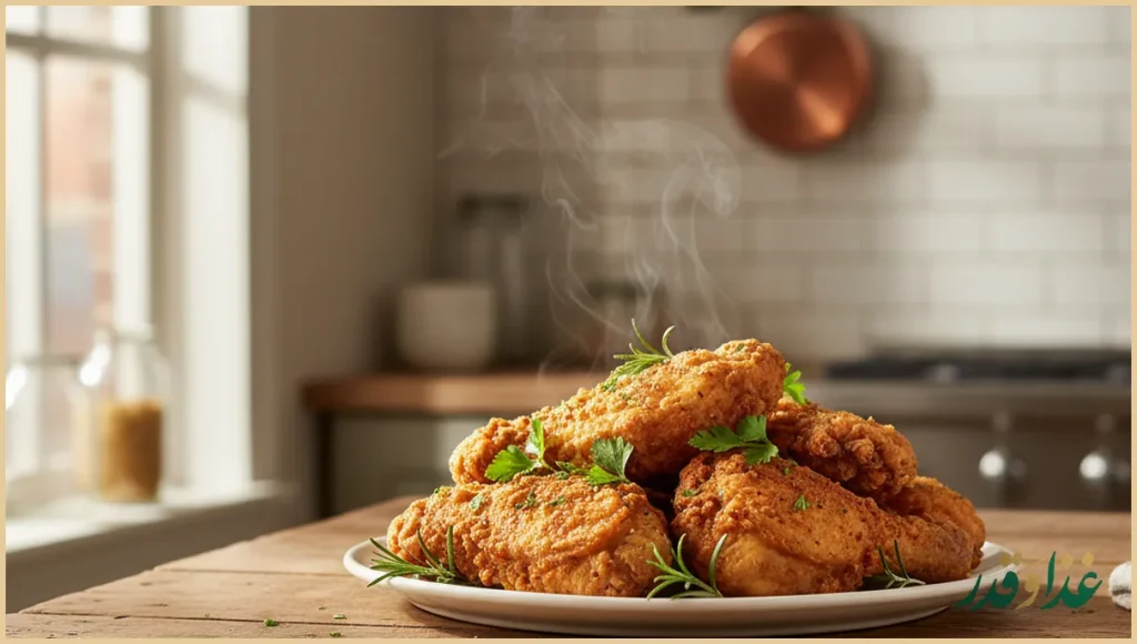 بشقاب مرغ سوخاری ترد و طلایی با دورچین