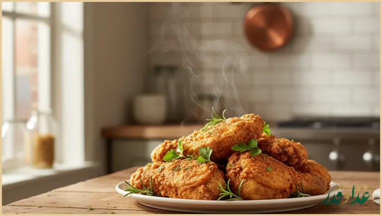 بشقاب مرغ سوخاری ترد و طلایی با دورچین