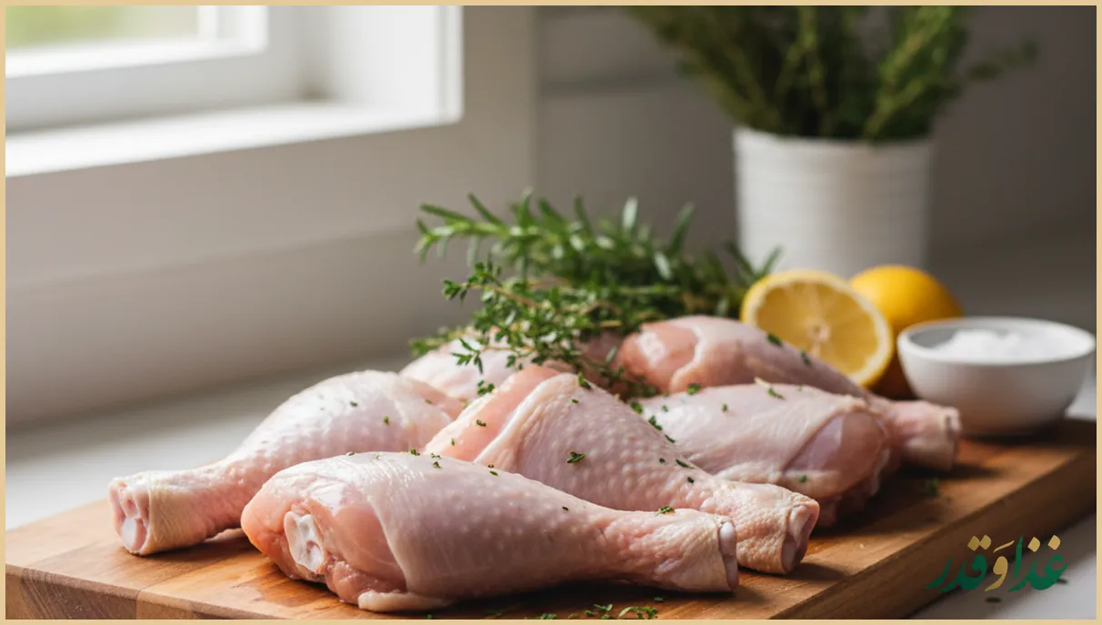 تکههای خام مرغ روی تخته چوبی