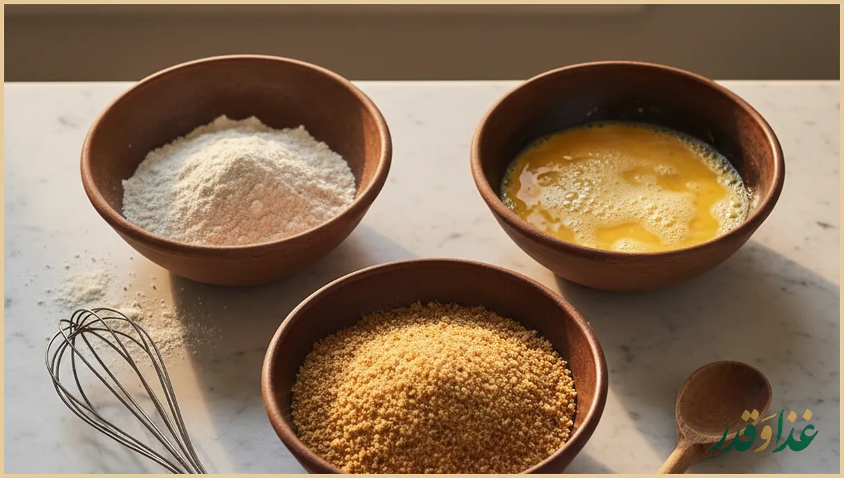 کاسههای حاوی آرد، پودر سوخاری و تخممرغ