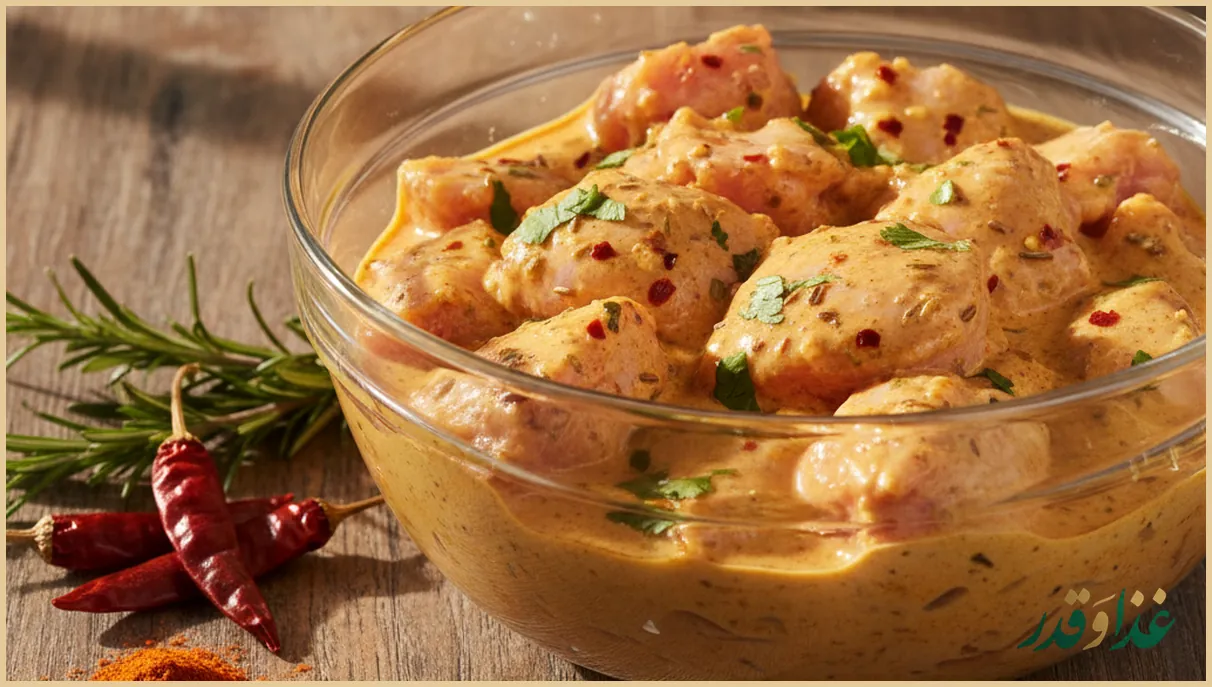 مرغ در حال مرینیت شدن در کاسه شیشهای