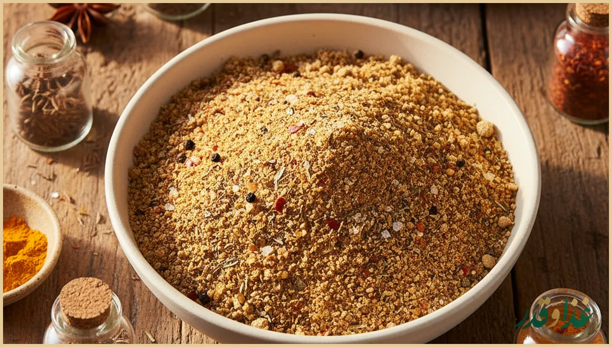مخلوط آرد و ادویه در کاسه سفید