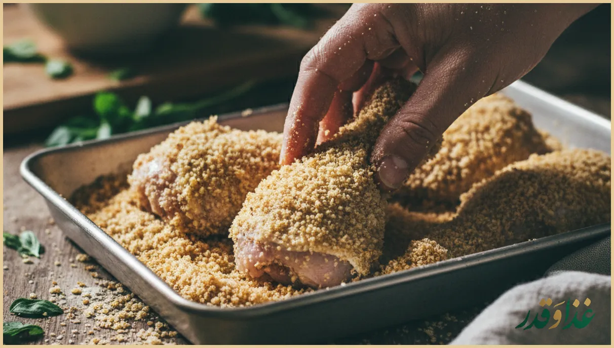 دست در حال آغشته کردن مرغ به پودر سوخاری