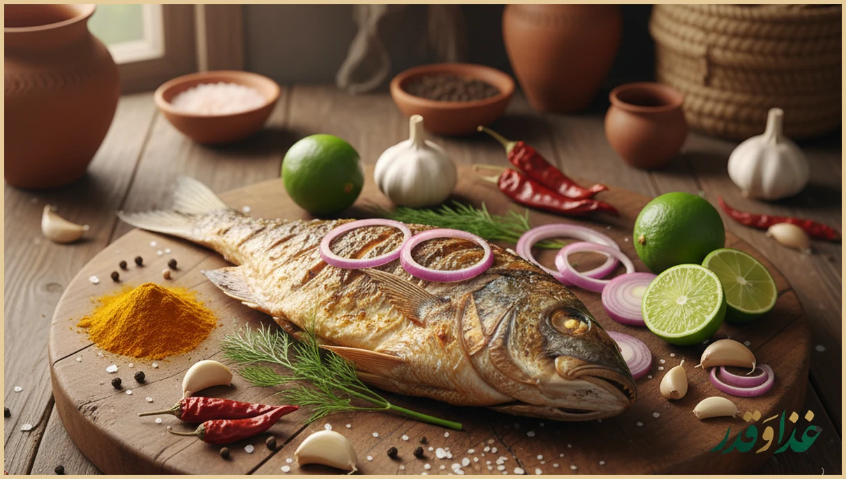 ماهی جنوب تازه روی میز با ادویه