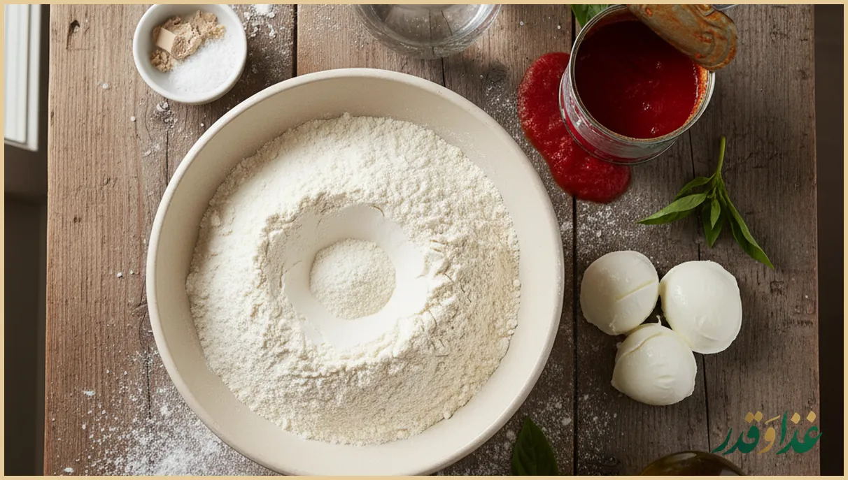 مواد اولیه خمیر و سس پیتزا ناپولیتن روی میز چوبی
