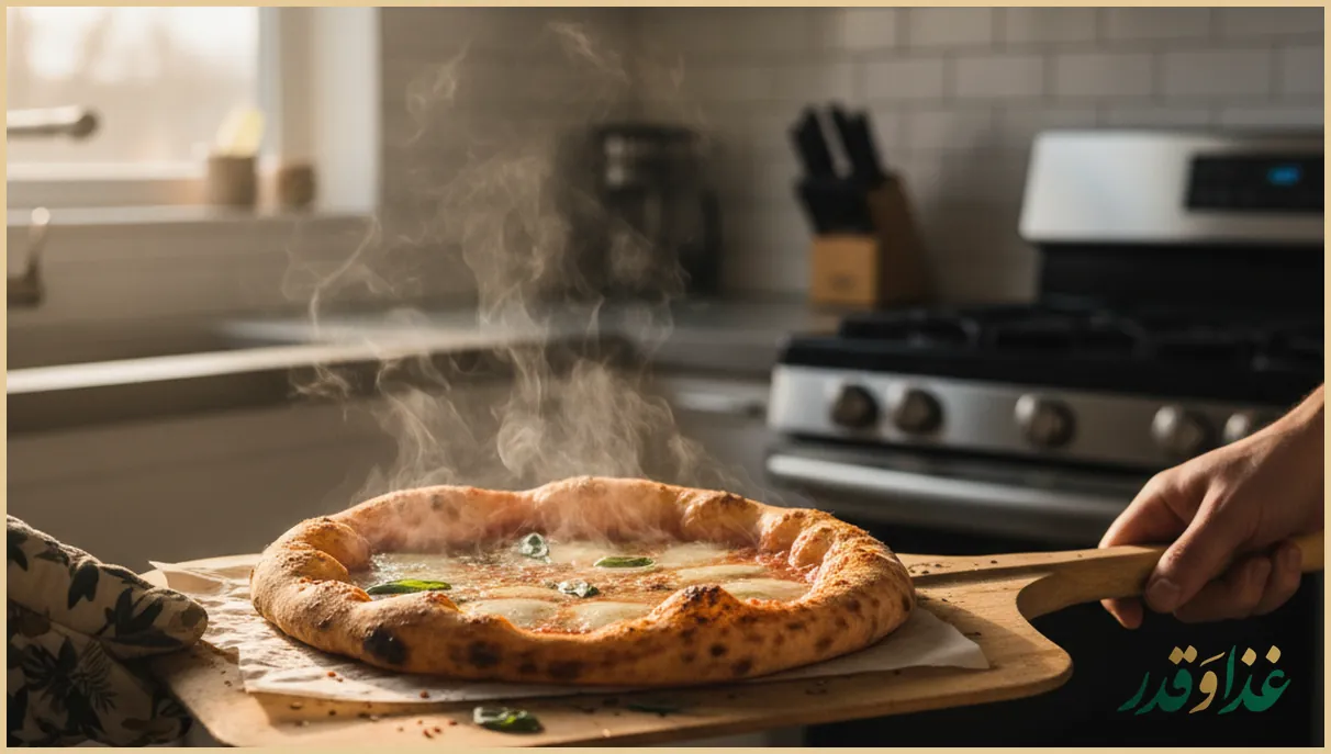 درآوردن پیتزا ناپولیتن داغ از فر خانگی