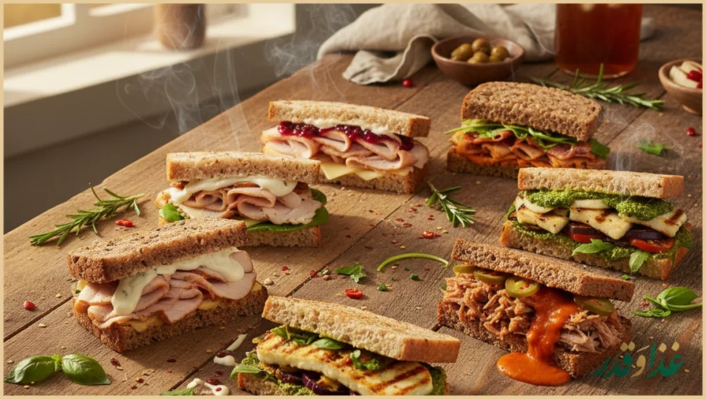 ساندویچهای متنوع با سسهای رنگارنگ