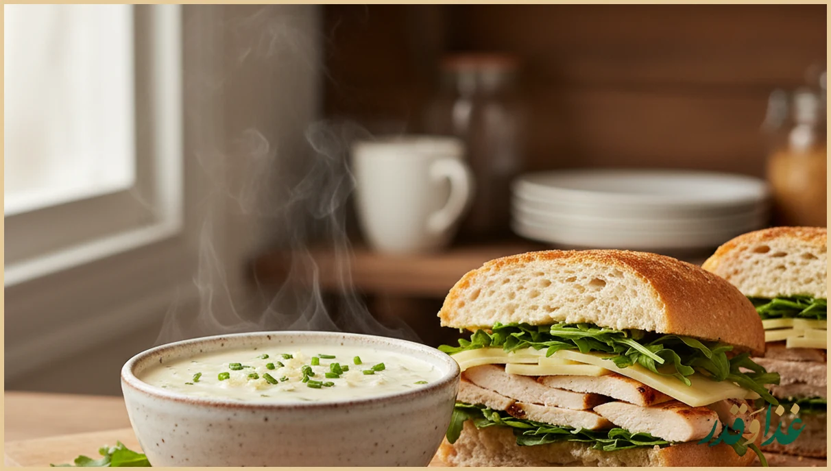 کاسه سس سیر خامهای کنار ساندویچ مرغ