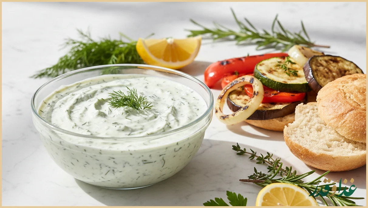 سس ماست سبزیجات کنار سبزیجات گریلشده