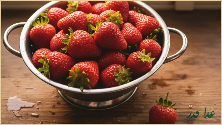 توت فرنگی تازه شسته شده در آبکش فلزی
