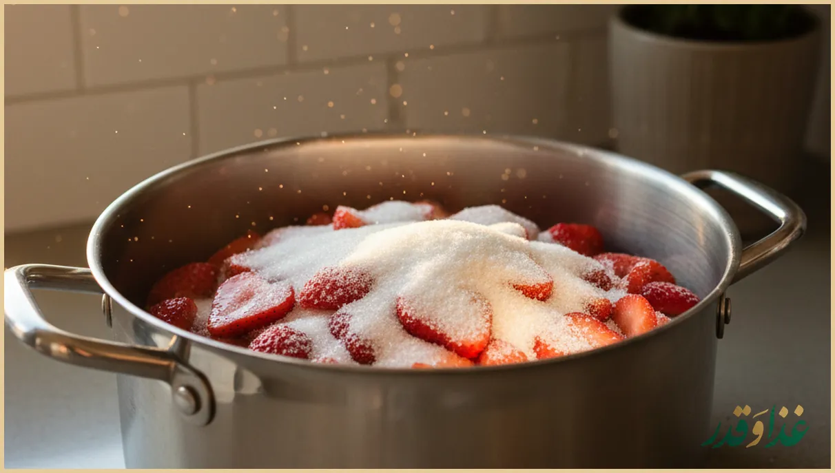 توت فرنگی و شکر لایه لایه در قابلمه
