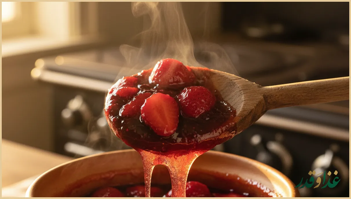 قاشق چوبی پر از مربا توت فرنگی غلیظ