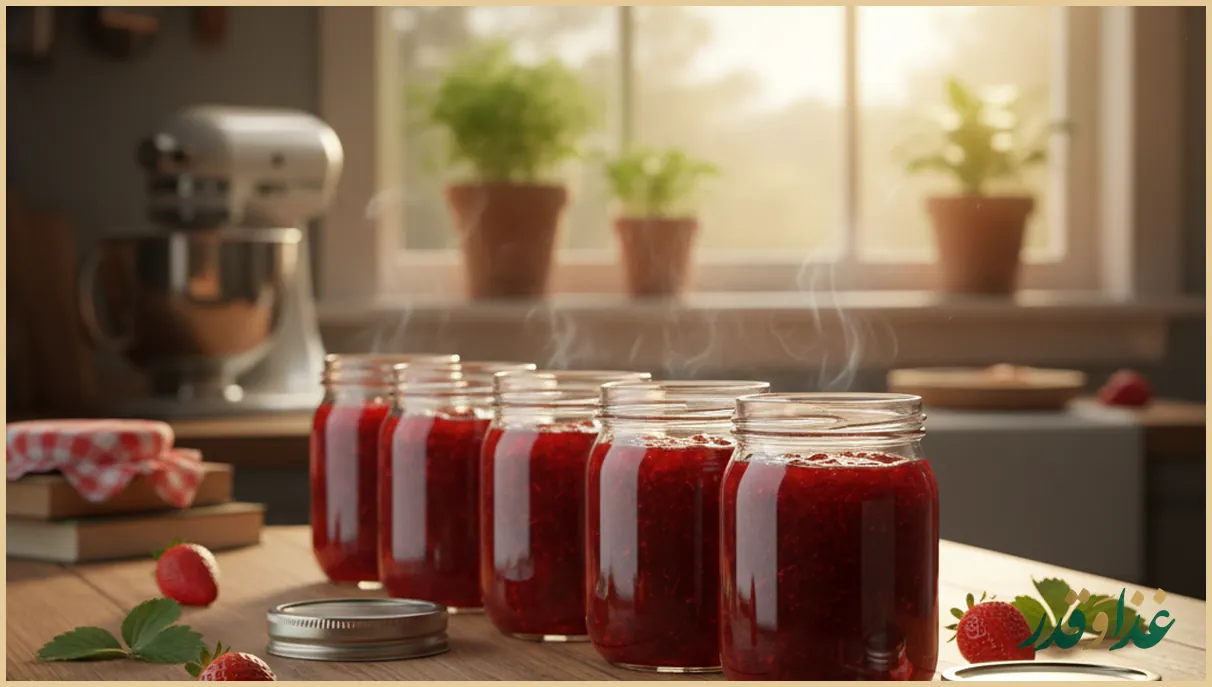 شیشه های مربا توت فرنگی تازه پر شده روی میز