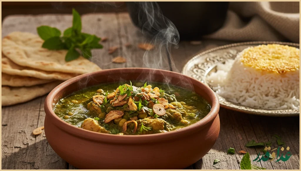 کاسه ترش تره گیلانی با برنج کته و سیر داغ